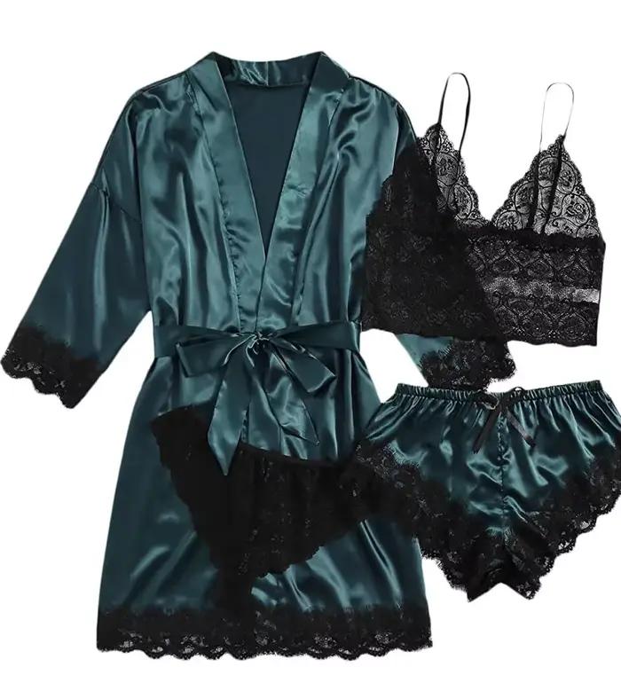 Pyjama Sexy pour femmes, chemises de nuit, Lingerie, short, 4 pièces, Camisole en dentelle, ensemble pyjama, Robe de maison, vêtements de loisirs