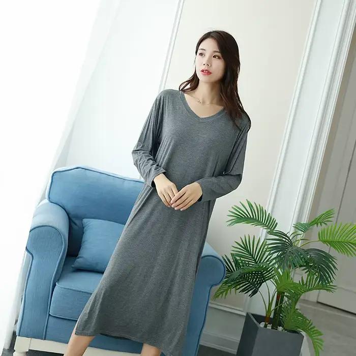 Printemps automne robe de nuit femmes ample grande chemise de nuit couleur unie chemises de nuit manches longues nuisette chemise de nuit vêtements de nuit modaux