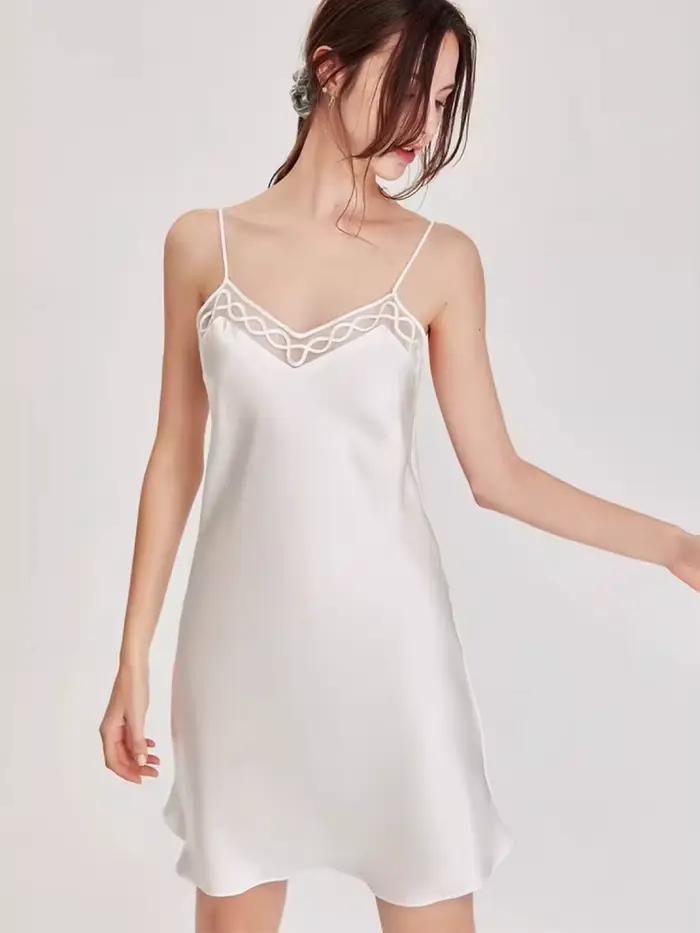 SuyaDream Chemises de nuit 100% soie véritable, robes de maison à col en V, robe de nuit confortable, chemise de nuit d'été, rose, blanc, noir