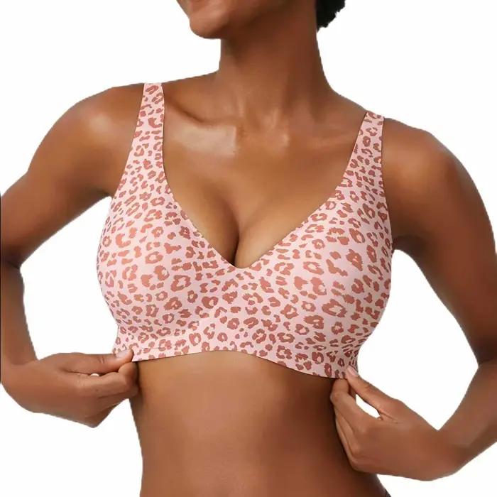 Soutien-gorge imprimé léopard pour femme, sans armatures, couvrance complète, bonnets fins avec maintien doux, tissu respirant, design élégant grande taille