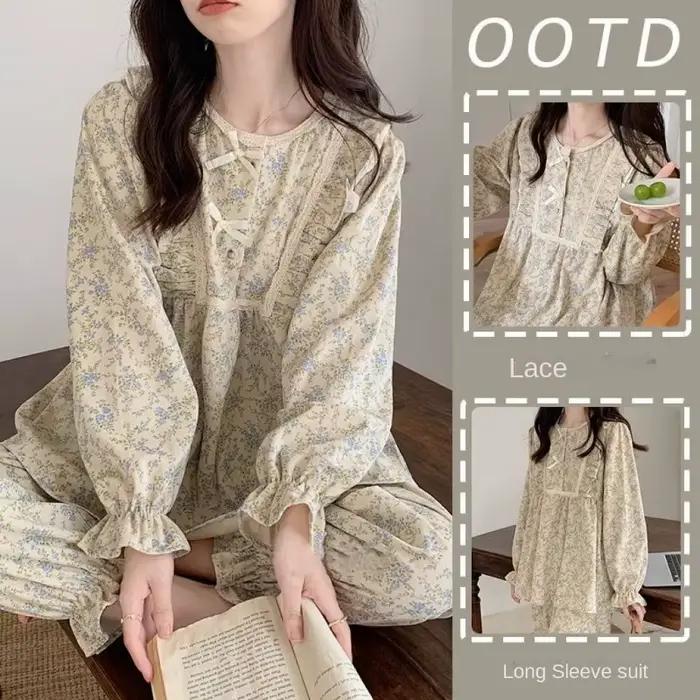 Pyjama grande taille pour femme, style jardin, tenue de nuit et d'intérieur, ensemble deux pièces, version coréenne avec nœud, manches longues pour l'extérieur
