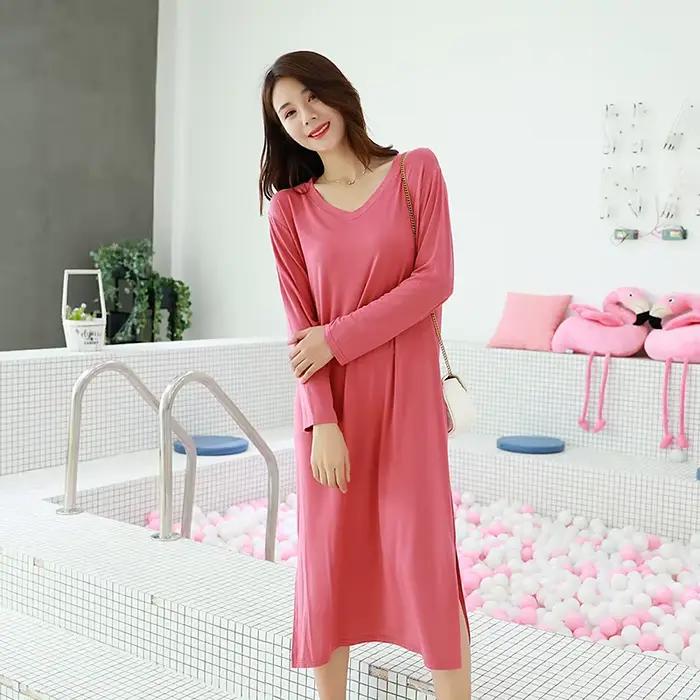 Printemps automne robe de nuit femmes ample grande chemise de nuit couleur unie chemises de nuit manches longues nuisette chemise de nuit vêtements de nuit modaux