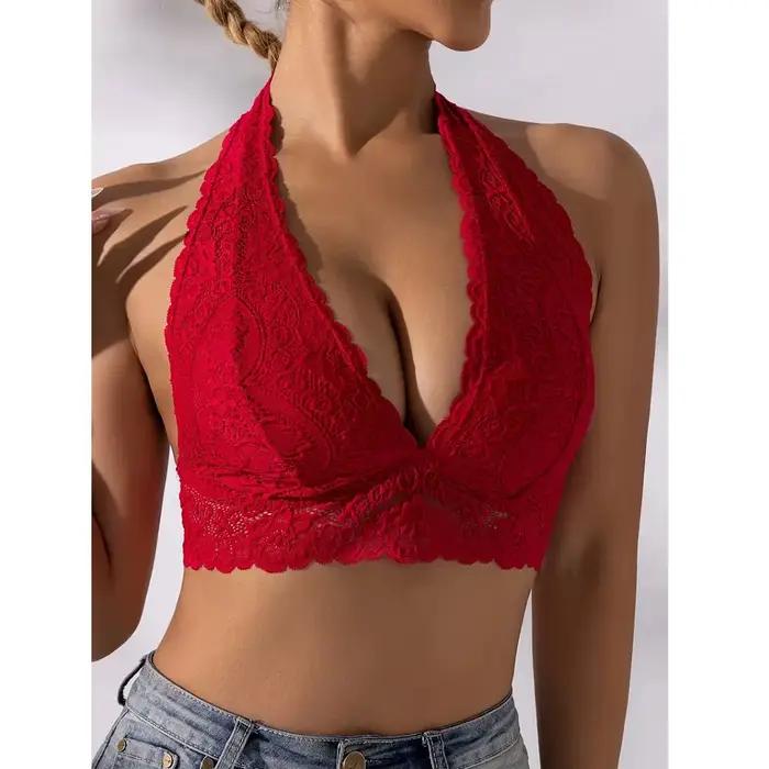 Grande taille Sexy dentelle florale dos nu licou soutien-gorge confortable et respirant col en v profond sans couture sans fil soutiens-gorge femmes sous-vêtements