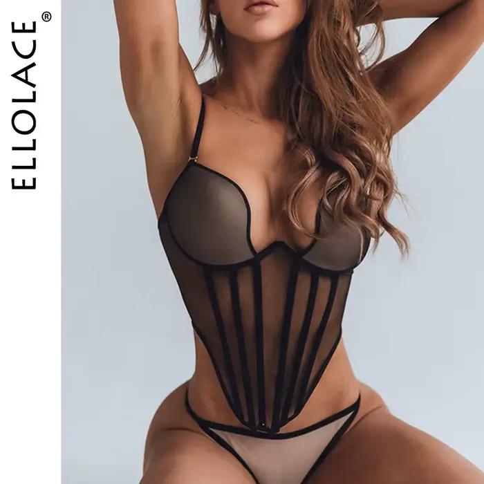 Ellolace Ensemble de Lingerie Séduisante pour Femme, Soutien-gorge Corset Push-Up Sexy et String, 2 Pièces, Style Rétro Palais, en Maille Transparente, Effet Sculptant, Couleurs Contrastées