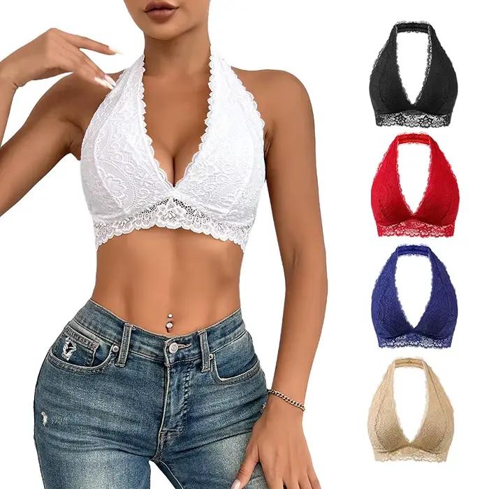 Grande taille Sexy dentelle florale dos nu licou soutien-gorge confortable et respirant col en v profond sans couture sans fil soutiens-gorge femmes sous-vêtements