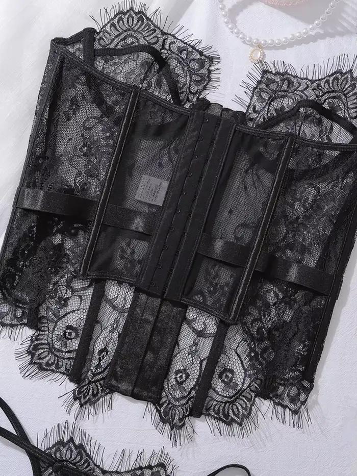 Belamimi – Lingerie sexy pour femmes, ensemble 2 pièces, corset sensuel, transparent, sans bretelles, en dentelle, tenue de club, Call Of The Night