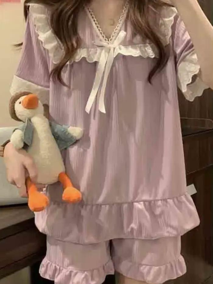 Pyjama ensembles femmes dentelle doux nœud princesse ample maison 5 couleurs mode tendre décontracté été Style japonais Vintage vêtements de nuit Chic
