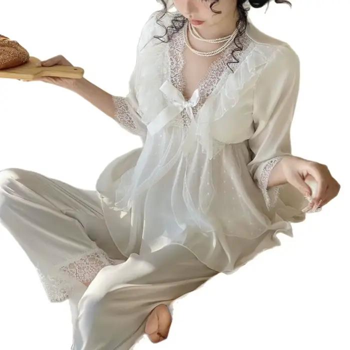 Pyjama princesse Sexy en soie glacée pour femmes, ensemble 2 pièces en dentelle avec nœud papillon, doux, manches longues, pantalon, chemise de nuit, vêtements de nuit, printemps été 2026