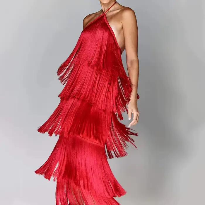 Robe de soirée Chic pour femmes, couleur métallique, Sexy, col licou, à lacets, élégante, dos nu, sans manches, superposée, Slim