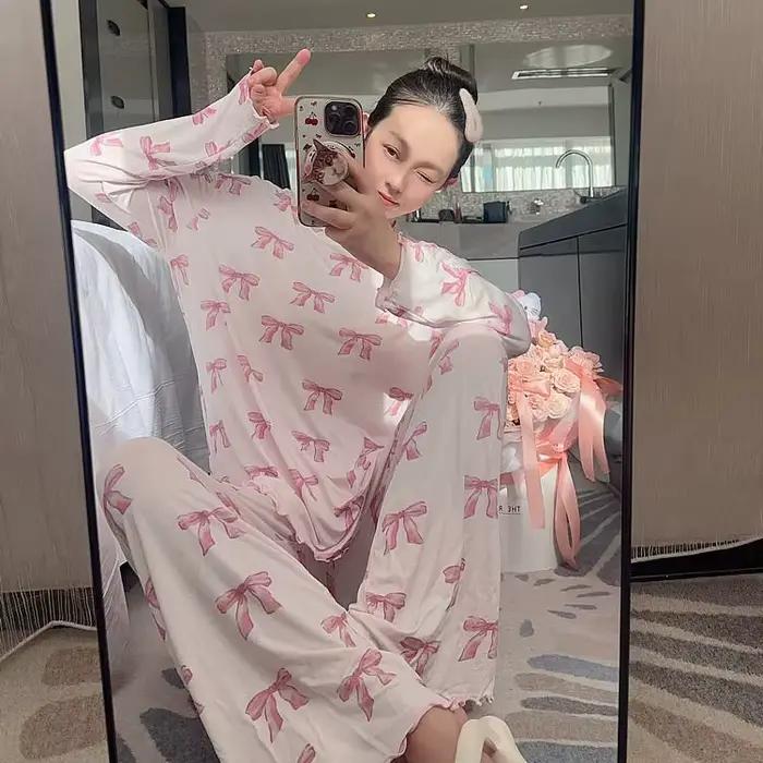 Pyjama confortable de style japonais en modal doux, ensemble de vêtements de nuit à manches longues/bretelles et pantalon, tenue d'intérieur avec imprimé nœud mignon