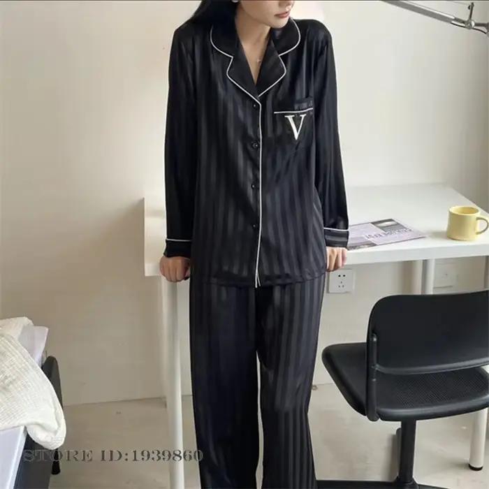 Pyjama femme 2 pièces ensemble mode noir glace vêtements de nuit en soie pantalon costumes vêtements de salon printemps automne nouveaux vêtements de nuit vêtements de maison amples
