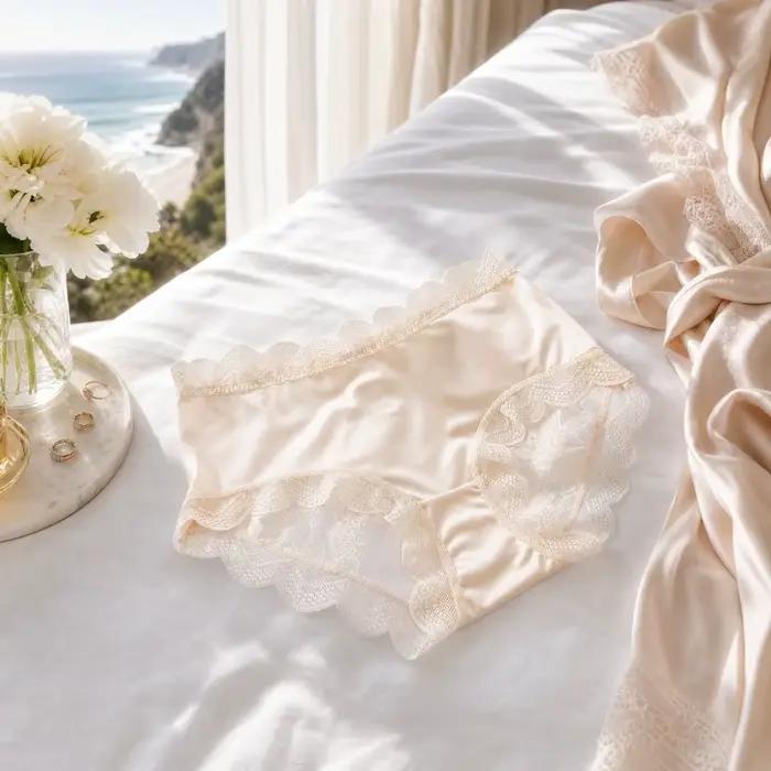 Culottes en dentelle florale transparente pour femmes, lingerie tendance, culottes en soie glacée à volants, sous-vêtements féminins ondulés à fleurs pour dames