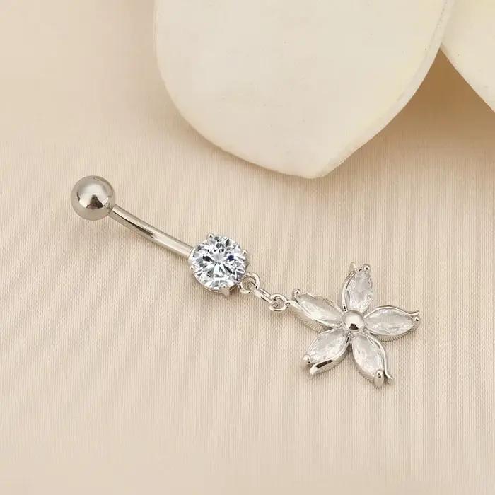 Piercing de nombril en alliage et strass, bicolore, motif fleur d'abricot brillante, design amovible et pendante