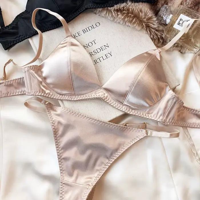 Ensemble de sous-vêtements sexy en soie pour femmes, soutiens-gorge sans fil, bralette française, soutien-gorge et string intimes sans couture, été
