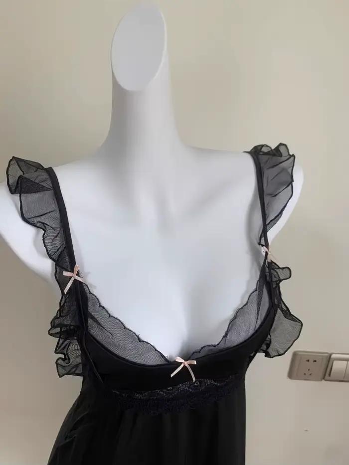 Chemise de nuit en dentelle à volants pour femmes, chemise de nuit à bretelles, col en V français, mini robe de nuit, lingerie sexy, vêtements de nuit, noir, mignon, romantique