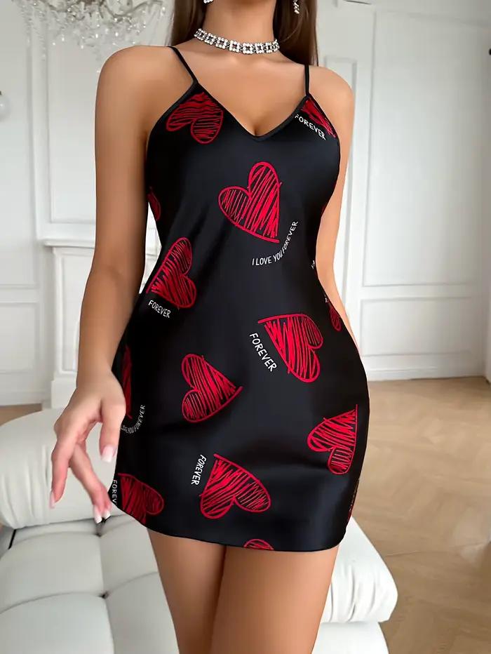 Chemise de nuit en Satin imprimé lèvres rouges pour la saint-valentin, col en V, dos nu, Mini robe de nuit, vêtements de nuit pour femmes