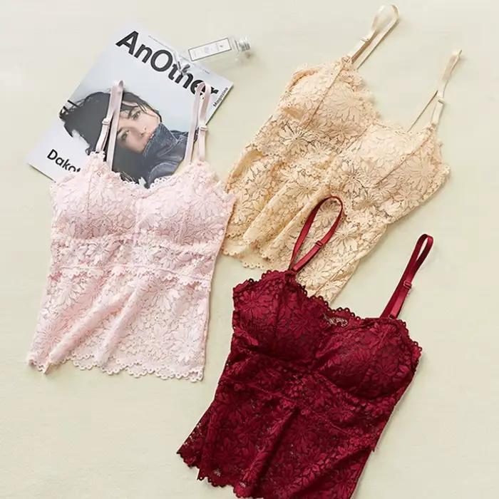 Soutien-gorge en dentelle pour femme, bralette florale sexy, lingerie sans armatures, bretelles réglables, camisole avec coussinets amovibles