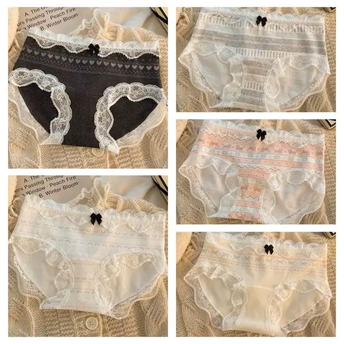 Culottes en dentelle à nœud papillon motif chat, taille mi-haute, en coton, lingerie douce pour femme