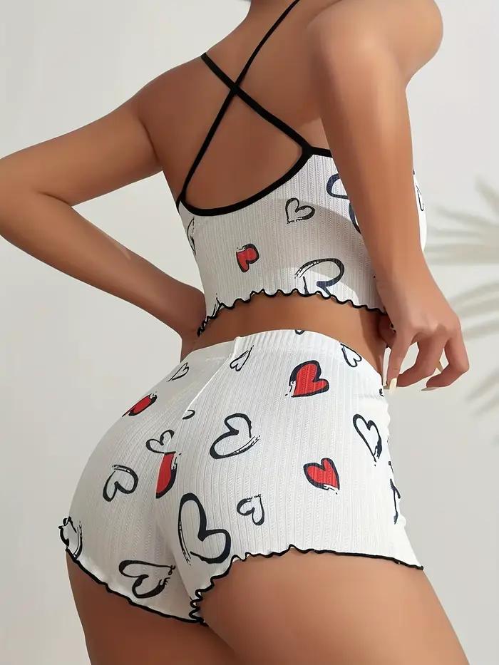 Ensemble pyjama pour femmes, imprimé cœur, côtelé, vêtements de nuit, mignon, haut et short, vêtements de détente, vêtements de maison d'été