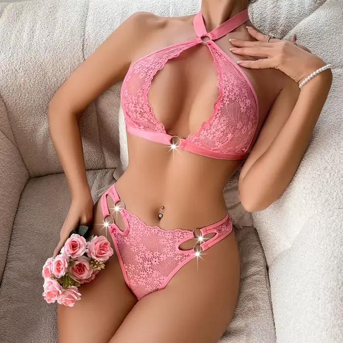 Toucheart-Ensemble de lingerie en dentelle florale pour femme, bonnet triangulaire, licou transparent, sous-vêtements sexy, ensemble de lingerie de luxe 7.0, 2 pièces