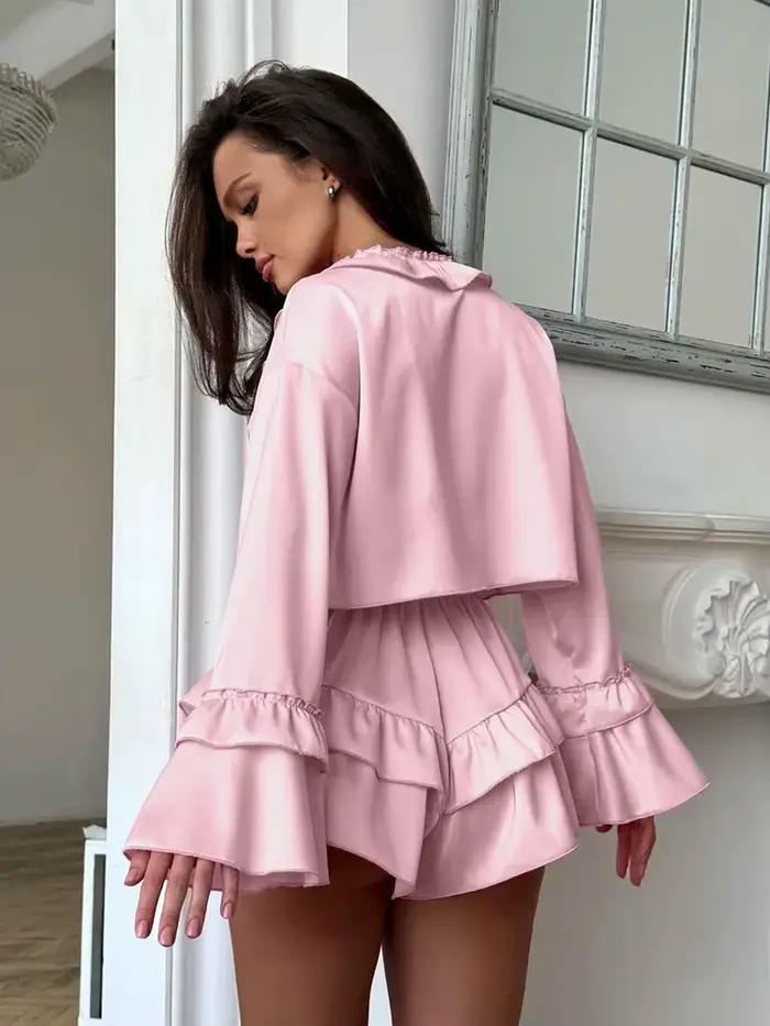 Ensemble de Nuit Décontracté pour Femme : Pyjama à Col en V, Haut Court et Short à Manches Longues pour l'Automne