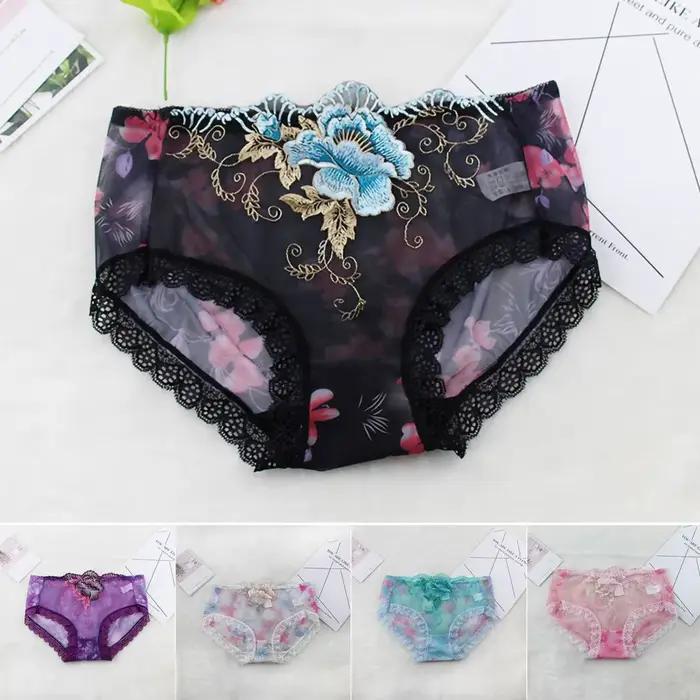 Culotte taille moyenne brodée de fleurs pour femmes, culotte en dentelle transparente commandée, slip sexy pour dames, sous-vêtement, 03/Wear