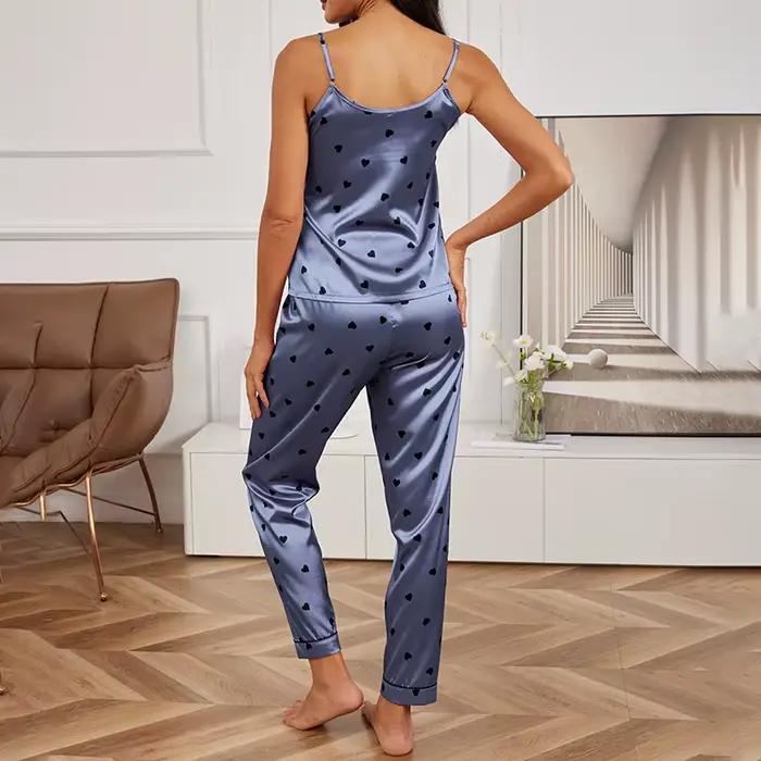 Pyjama imprimé cœur pour femme, haut caraco à col en V sexy, pantalon à ceinture élastique, vêtements de nuit et vêtements de détente pour femme, pyjama 2 pièces
