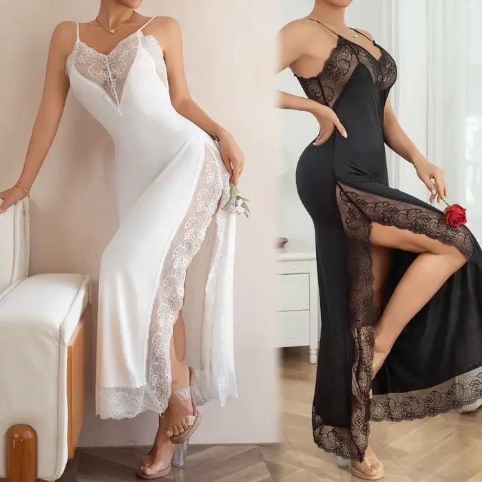 2025 nouvelle mode asymétrie col en v chemise de nuit Sexy femmes dentelle Patchwork sans manches sangle vêtements de nuit élégant dos nu robe de maison