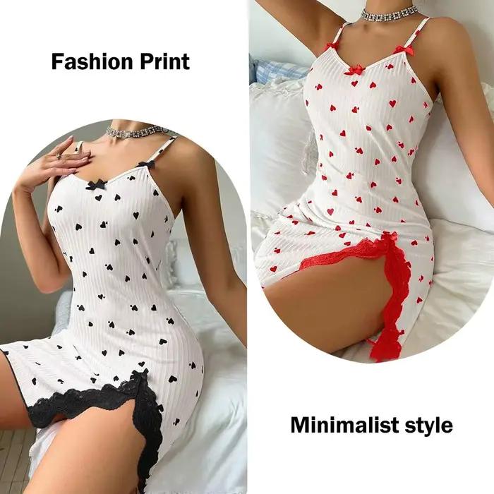 Chemise de nuit sexy pour femme, robe de nuit en dentelle, camisole à nœud et imprimé cœur, robe de nuit sans manches, vêtements de nuit élégants ﻿