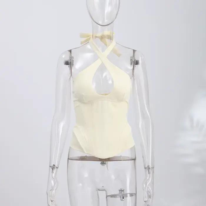Corset côtelé pour femme, haut à col en V, style bandeau, ajusté, dos croisé à nouer, sexy, gilet tendance