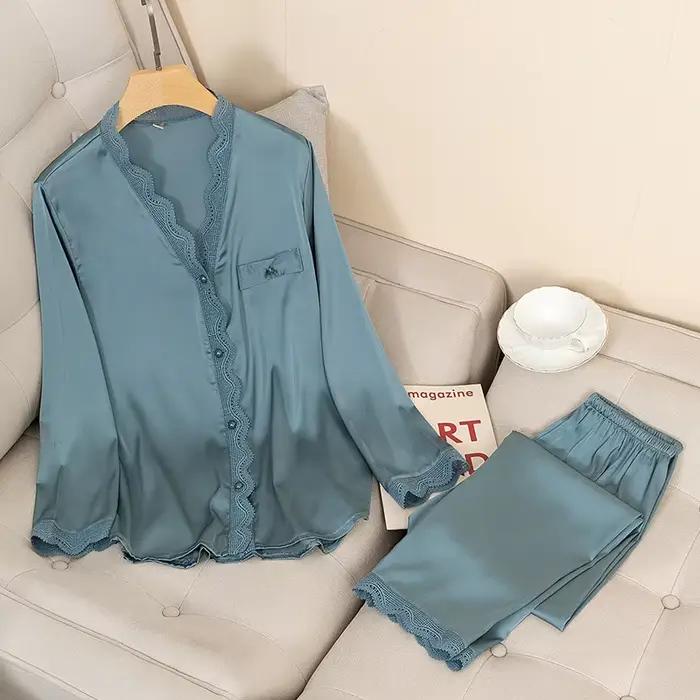 Ensemble de pyjamas en satin sexy pour femmes, vêtements de nuit décontractés, vêtements de détente soyeux, vêtements de nuit monochromes, chemise et pantalon de peignoir, printemps, nouveau, 2 pièces