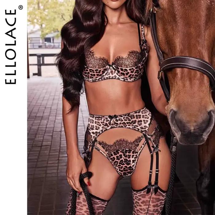 Ensemble lingerie Ellolace sexy léopard 3 pièces pour femmes occasions spéciales sexy lingerie ensemble tricoté fin moule soutien-gorge et culotte