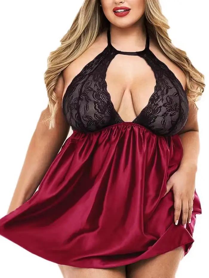 Sexy velikostní spodní prádlo Krajková průhledná noční košile s vázáním na krk