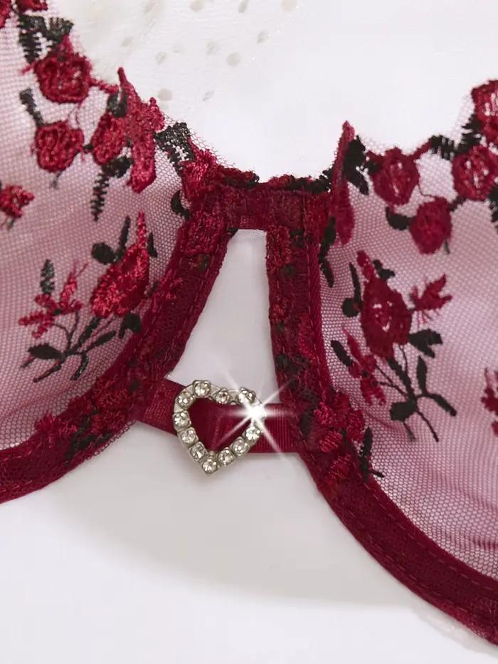 Ensemble de lingerie vintage français brodé de roses rouge vin - soutien-gorge en résille + T-shirt - lingerie féminine sexy et sensuelle ZA824026