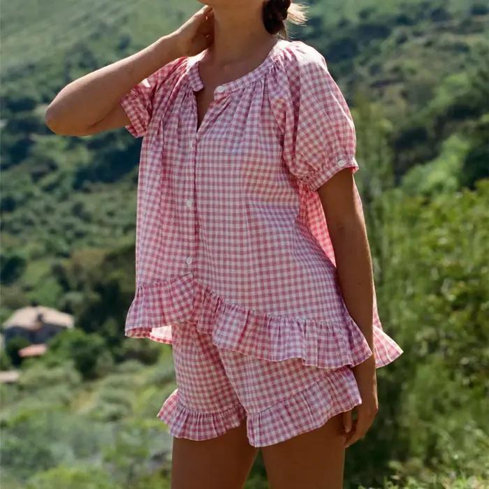 Gaono Ensemble pyjama vichy pour femme Y2K, short à volants à carreaux, manches courtes, chemise boutonnée, short, ensemble de salon