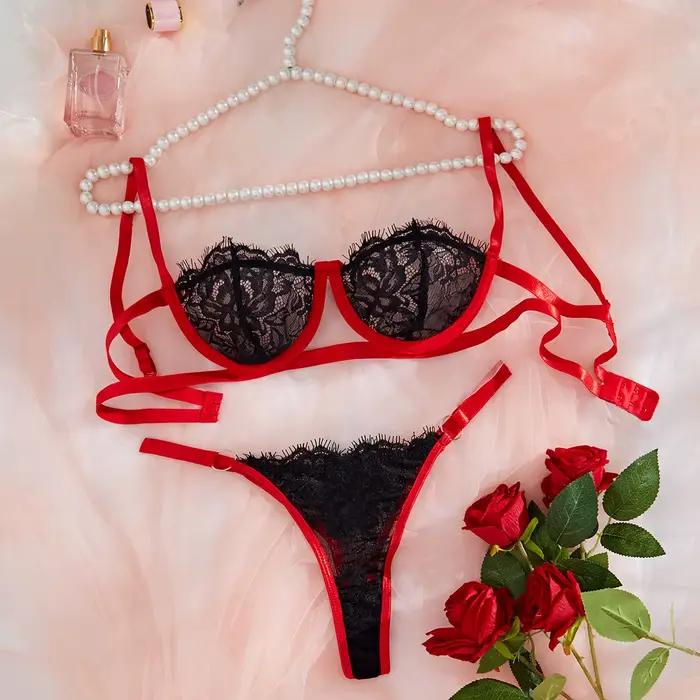 Lenceria Babydoll Ensemble soutien-gorge et culotte sexy Lingerie Intime Femmes Dentelle Soutien-gorge ouvert transparent Sous-vêtements ajourés Costumes érotiques