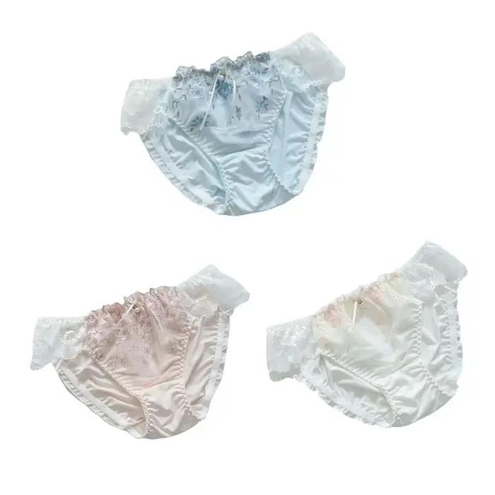 Culottes en dentelle pour femme avec nœud, entrejambe en coton, broderie douce, taille mi-haute en maille, sous-vêtements féminins