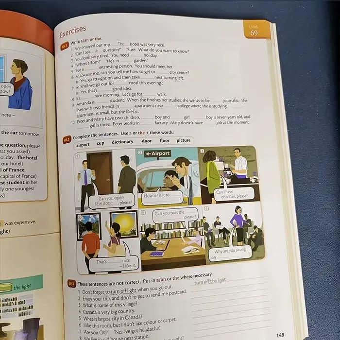 3 livres de grammaire anglaise élémentaire, grammaire anglaise essentielle avancée, livre d'exercices de préparation aux tests d'anglais, optionnel