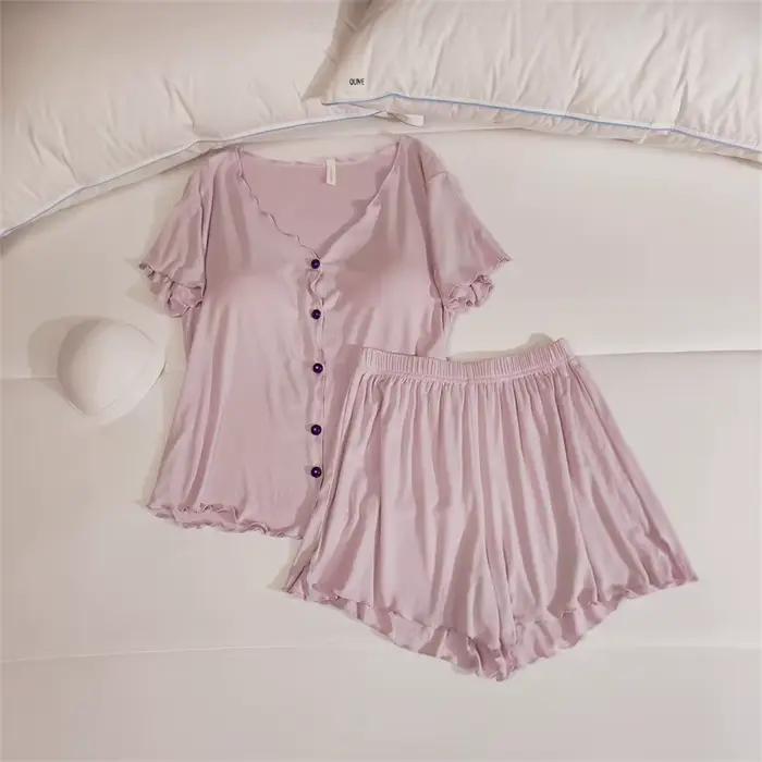 Pyjama à Manches Courtes et Pantalon pour Femme, Ensemble de Vêtements de Nuit, Doux, Modal, avec Coussin de Poitrine, pour la Maison, Nouvelle Collection Printemps Été 2025