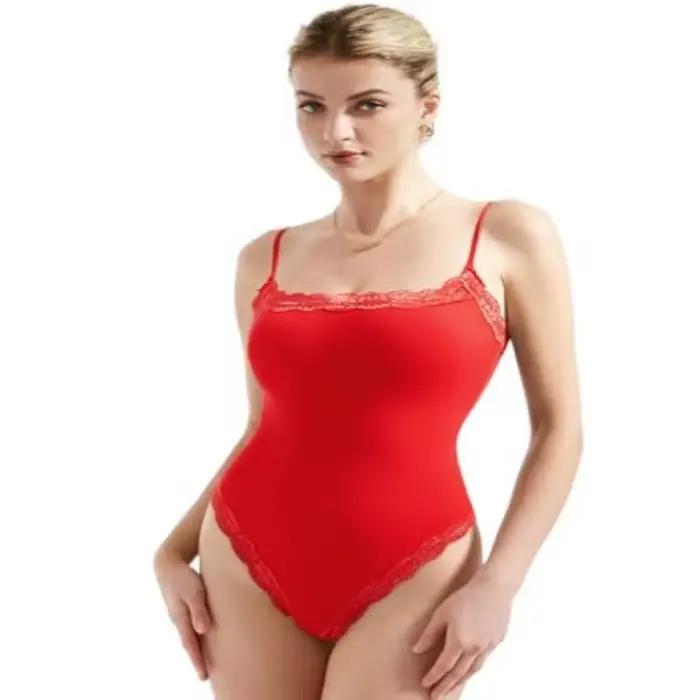 Femmes rouge justaucorps Body costumes hauts Sexy col carré string Body Cami dentelle Body débardeur rose