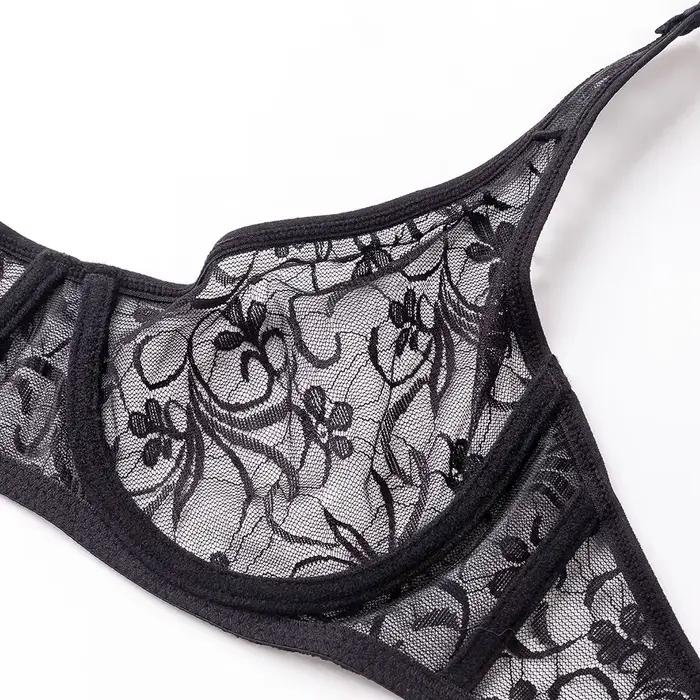 Soutien-gorge en dentelle transparente pour femmes, sous-vêtements à armatures, zones florales, lingerie sexy thuna ual, brassière A B C D esse Cup