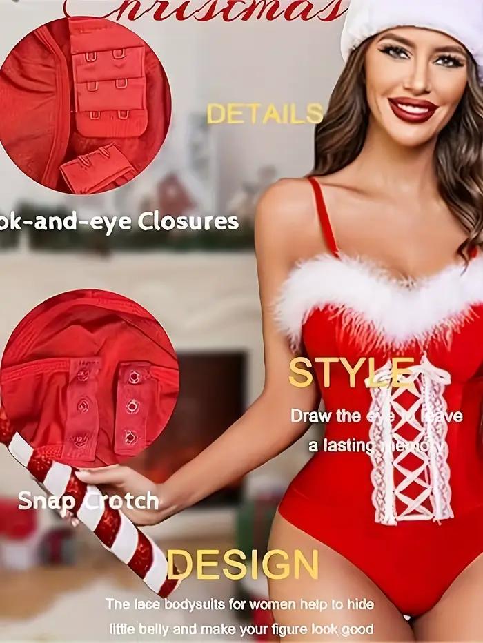 Lingerie de Noël pour femme : Body Teddy Corset à lacets, avec bordure en fourrure moelleuse, bretelles spaghetti et dos nu, pour fêtes de fin d'année