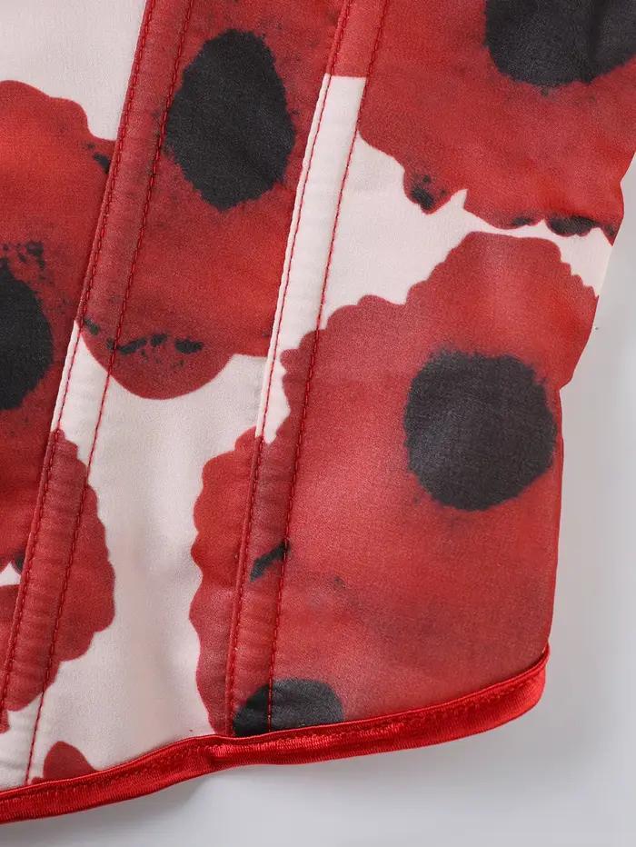 Corset floral rouge pour femme, décolleté cœur, manches à volants, dos lacé, style bustier gothique vintage, serre-taille, tenue de soirée