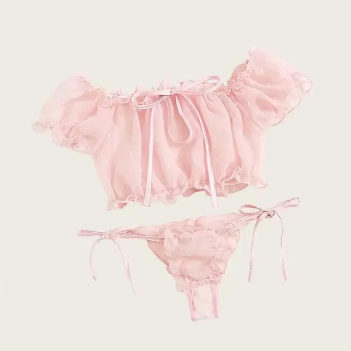 Ensemble de lingerie sexy pour femme en maille, soutien-gorge à épaules dénudées avec volants, culotte transparente à pois, string et bandeaux – Lenceria Intimates