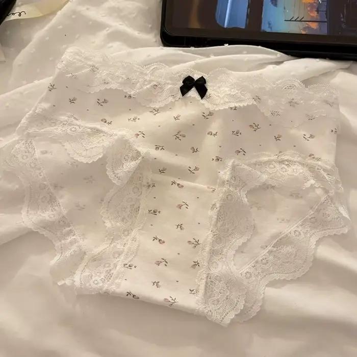 Culottes en dentelle taille moyenne pour femme, motif tulipe et nœud, sous-vêtements en coton à pois, à carreaux et floraux