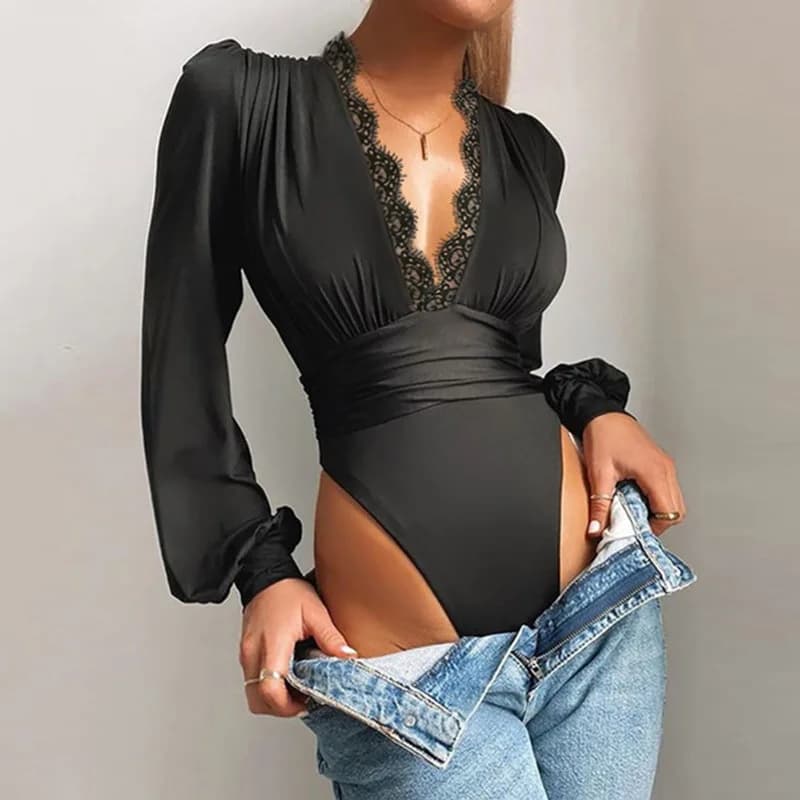 Body sexy en dentelle appliquée à manches longues pour femme, body en maille, décolleté plongeant, d
