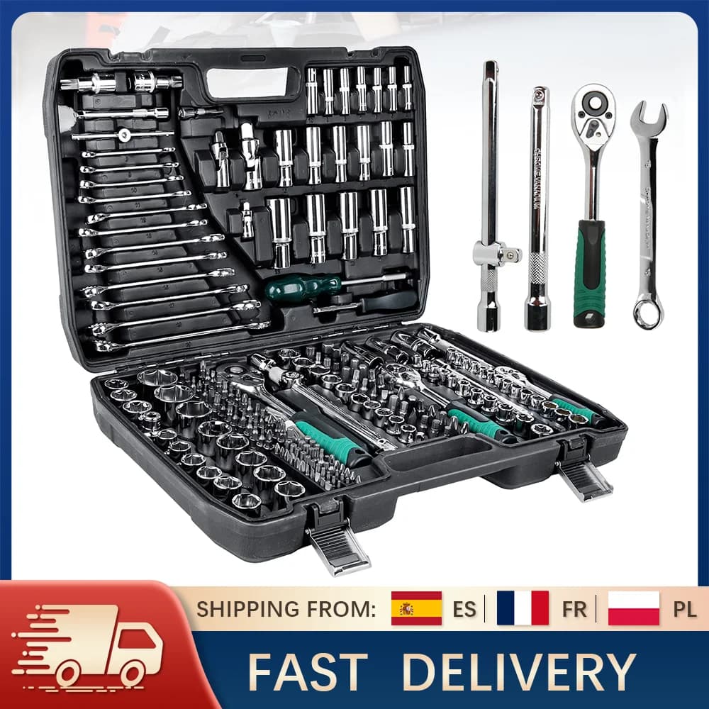 Ensemble d'outils mécaniques 216 pièces, jeux de clés à douille 1/4 "3/8" 1/2 "avec clé à cliquet à 