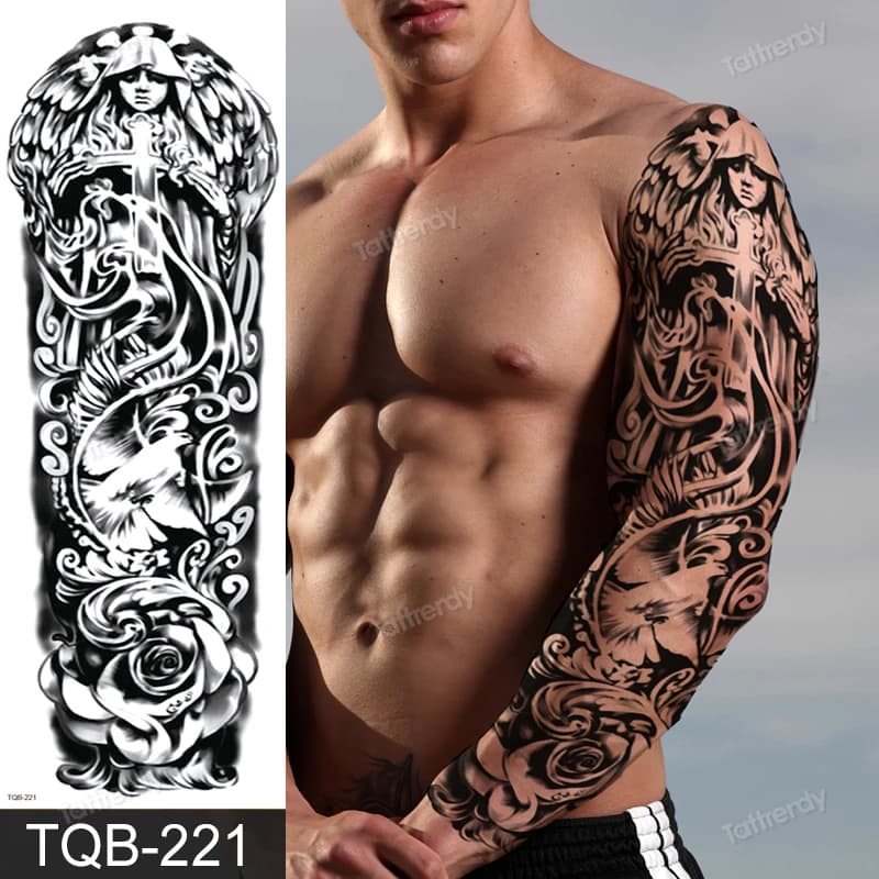 Tatouage temporaire pour bras complet, grand totem noir, faux, imperméable, tête de mort, manches de