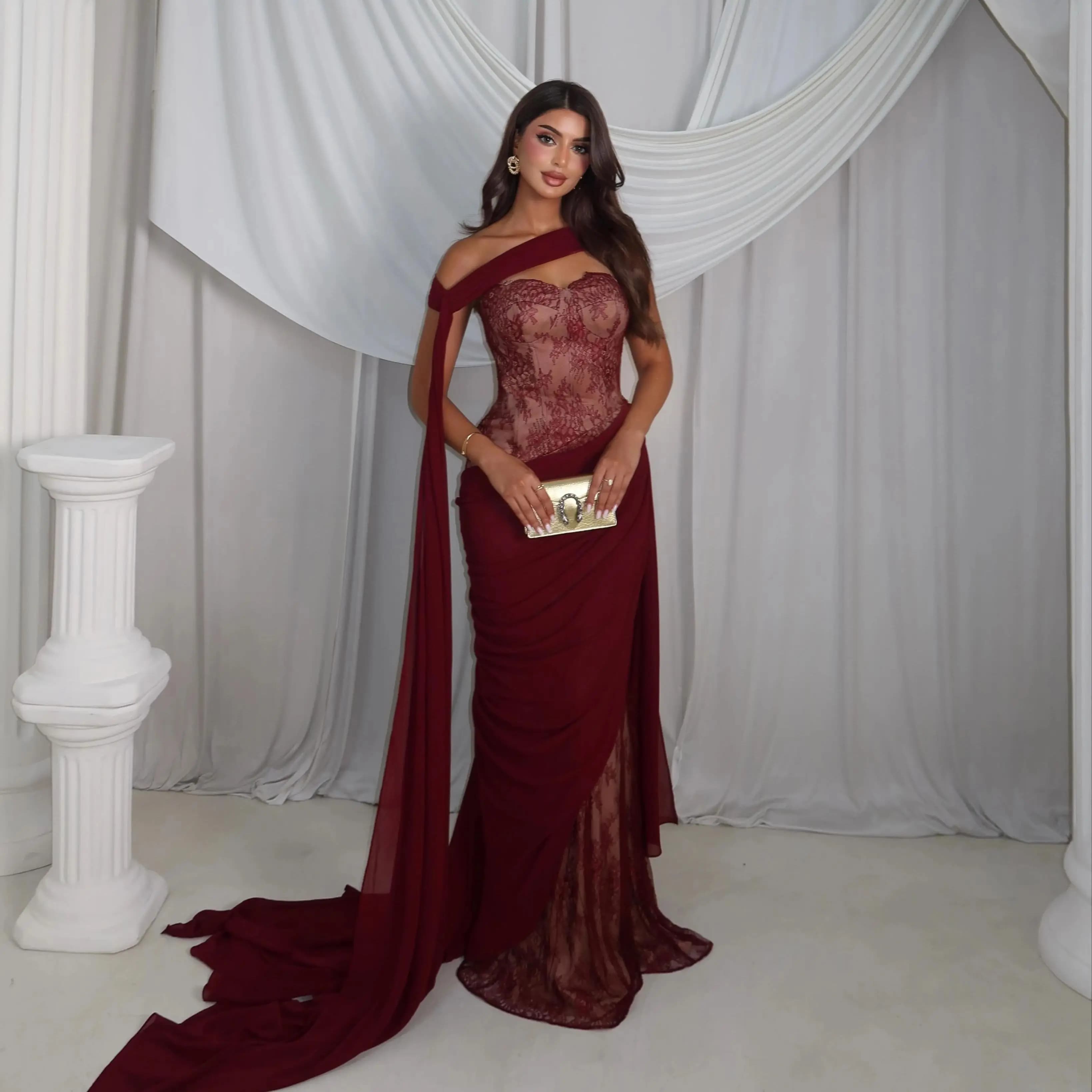 Robes de soirée bordeaux à une épaule, en dentelle charmante et en mousseline douce, robes de bal lo