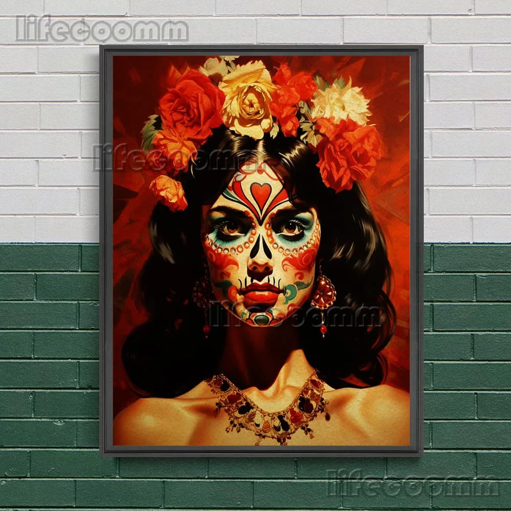 Peinture sur toile d'art mural de portrait de femme, art de la fréquence du jour mexicain, sorceller